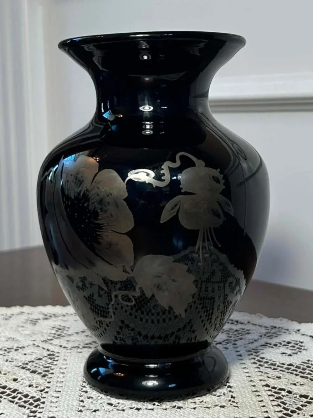 Vintage Fenton Black Amethyst Glass Vase - Silver Poppies Hand Painted Signed